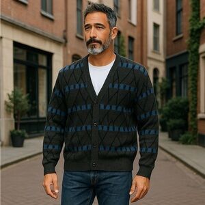Vintage 90’s PERMIT gray cardigan sweater black blue accent graphics men’s large